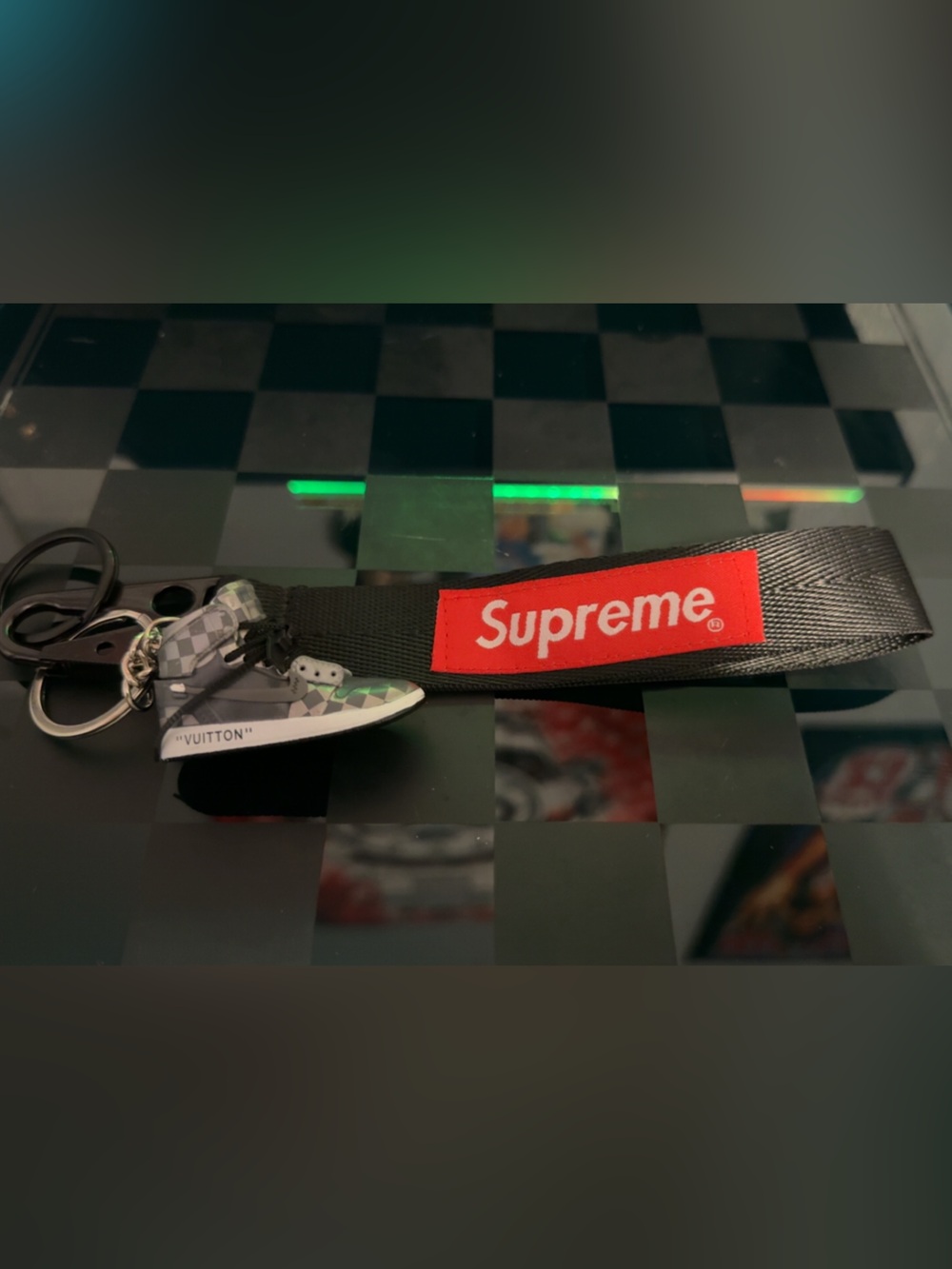 Supreme Black & Red Branded Keychain Lanyard with mini LV Nike charm